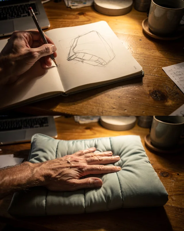 A two-panel image: a hand sketches a blanket cross-section in a notebook on a cluttered desk, then the same hand rests on a folded sage-green quilted blanket. The founder is unidentifiable, shown only as a hand.