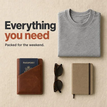 Flat lay kit: an example ad photograph from the product's inspiration library, illustrating the "Everything that goes with it, laid out on a grid from above." technique