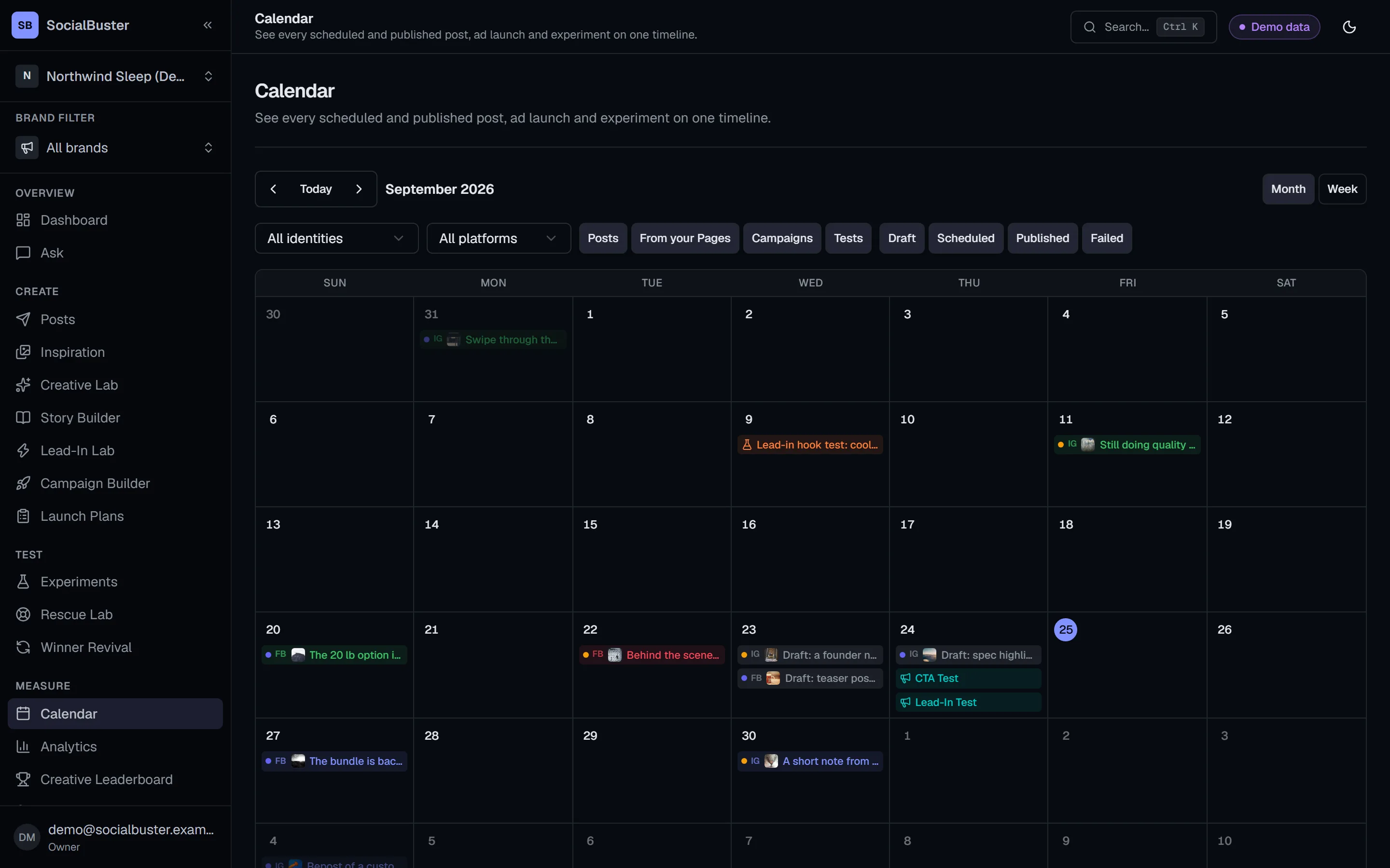 The Calendar month view on the dark plate, showing posts, campaigns and tests on one timeline.