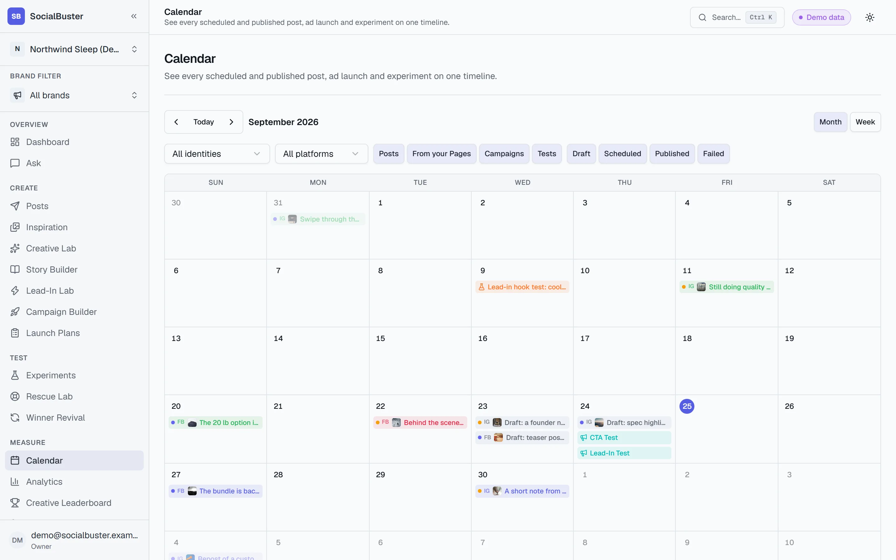 The Calendar month view for September 2026, with posts, a campaign entry and Tests chips across the grid, and filter chips for identity, platform, Posts, Campaigns and Tests.