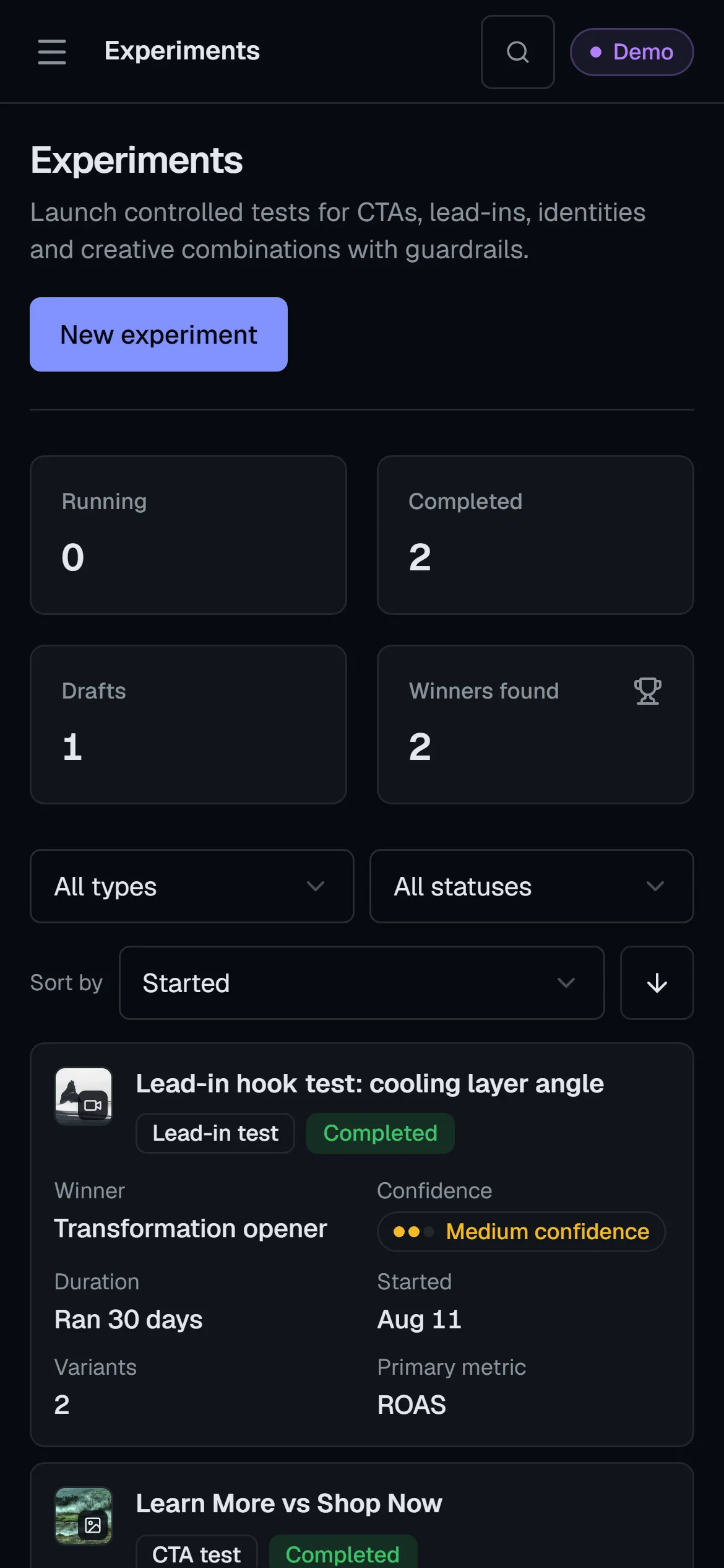 The Experiments screen on a phone, in the product's dark theme: a completed lead-in test, a completed CTA test and one rescue draft.