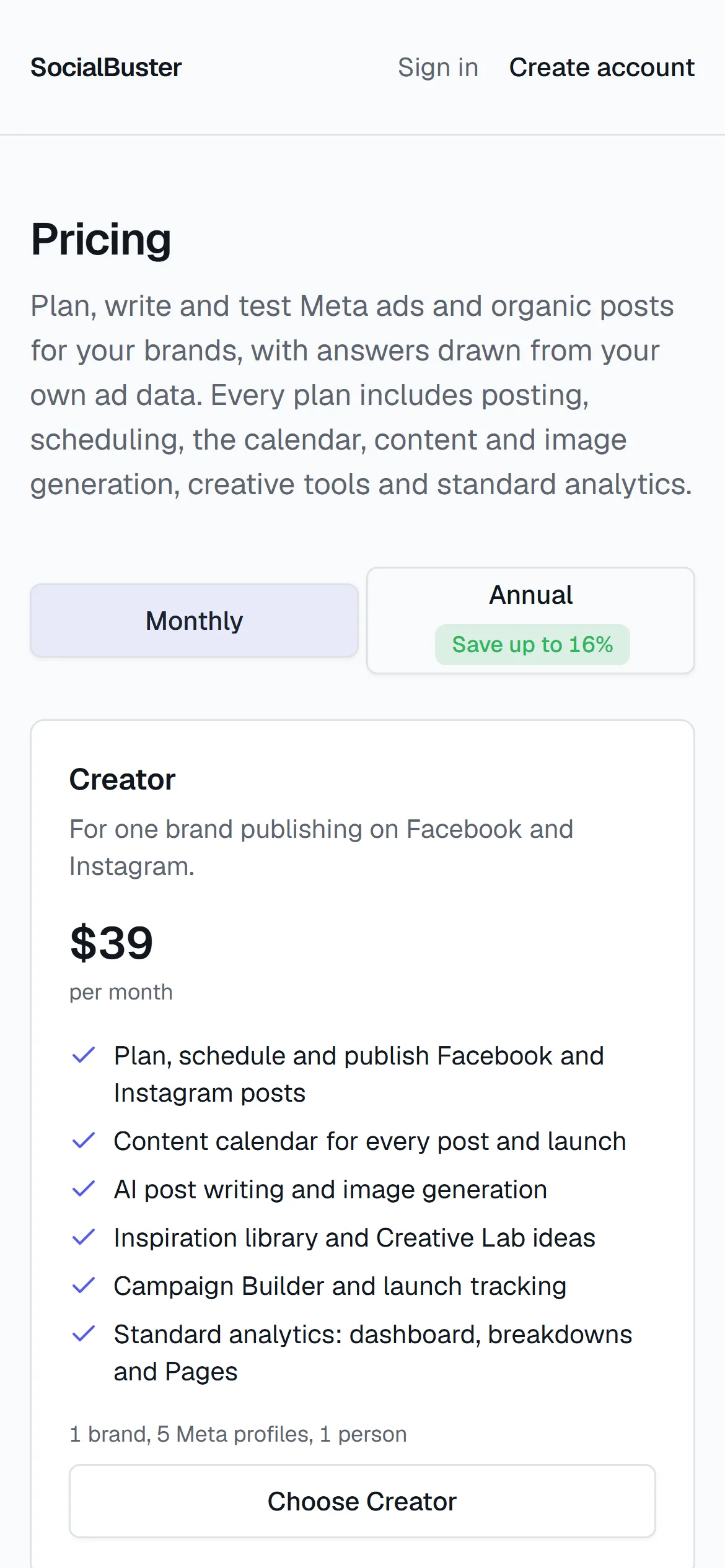 The Pricing screen on a phone, plans and their monthly prices.
