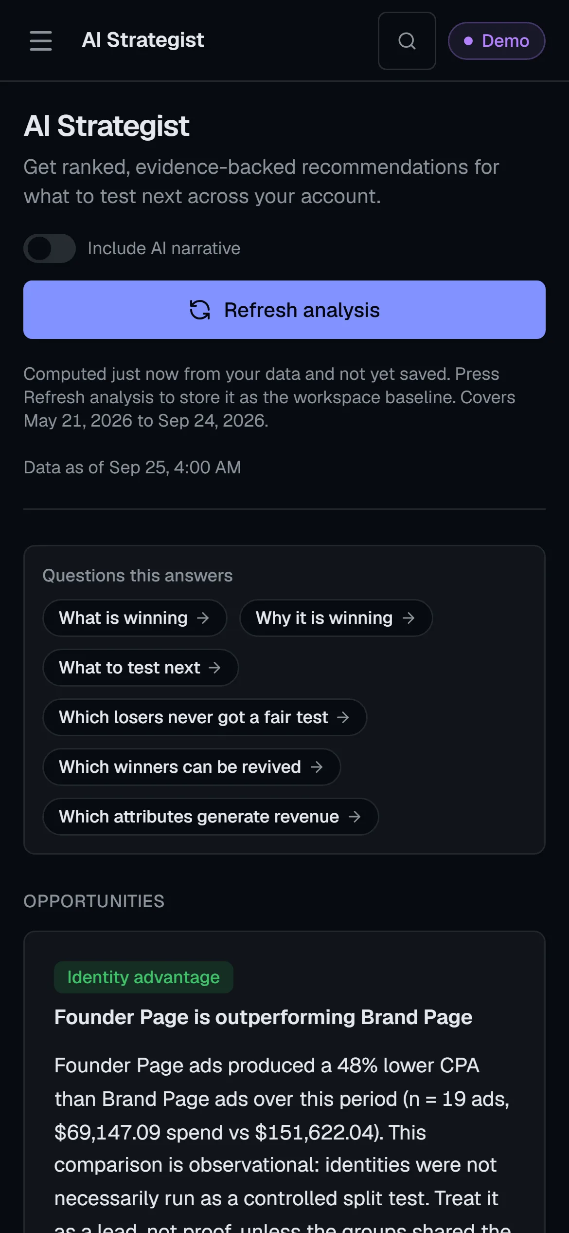 The AI Strategist on the dark plate, ranking findings with the spend, conversions and dates behind each card.